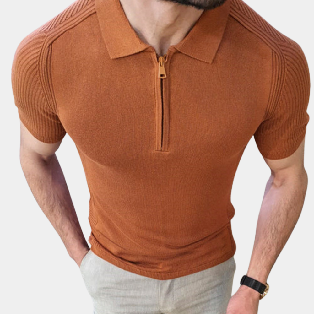 Casual heren polo met rits en patroon op de schouder