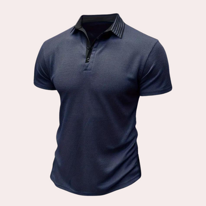 Heren polo – marineblauw met gestreepte kraag