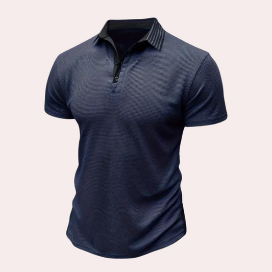 Heren polo – marineblauw met gestreepte kraag